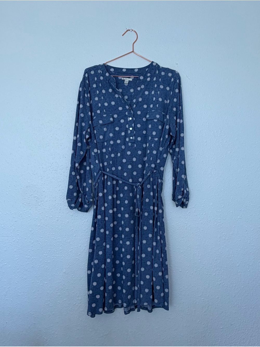 Cato Blue and White Polka Dot Long-Sleeve Midi Dress